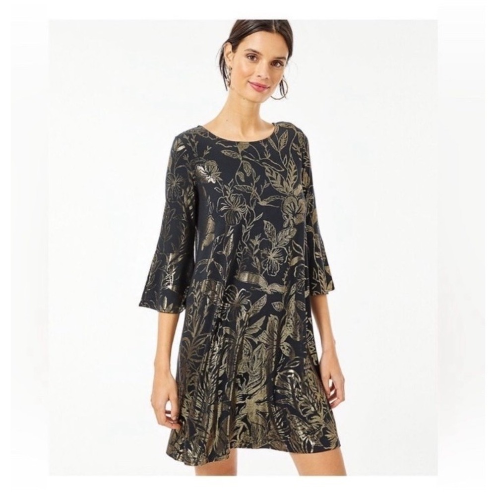 Lilly Pulitzer Women's Ophelia A-Line Swing Dress Size M Black Gold Metallic